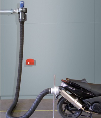 APN wall mounted vehicle fume exhaust system attached to a motorcycle; shows bracket to hang hose, and wall mounting